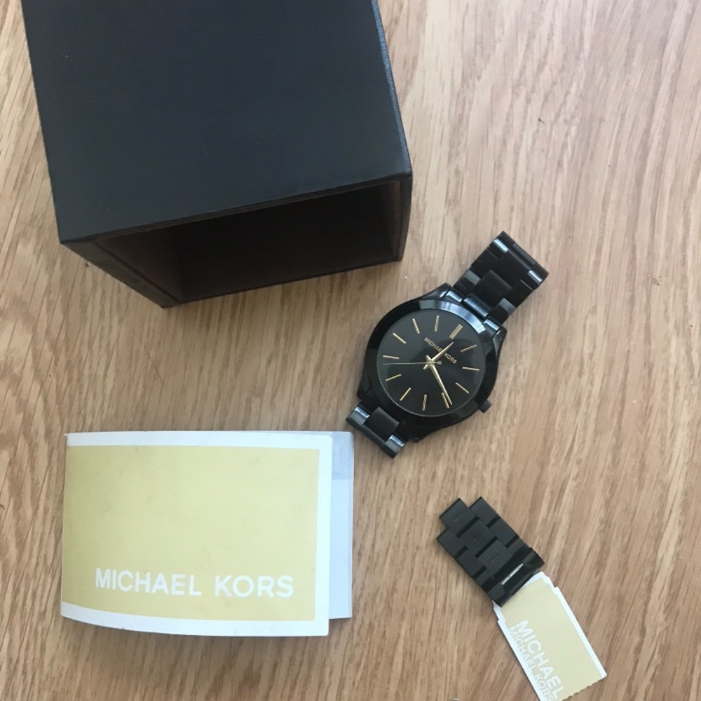 Michael Kors Slim Runway Black and Gold Watch